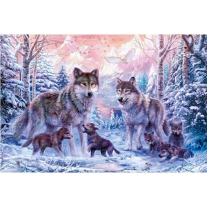 A wolf family, trek together through a winter wonderland forest.