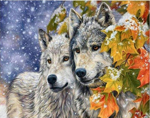 Image of Diamond painting of two wolves walking side-by-side through a snowy field.