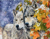 Diamond painting of two wolves walking side-by-side through a snowy field.