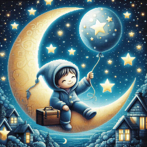 Image of Diamond painting of a boy sitting on a crescent moon, holding a balloon filled with stars, wishing upon a star