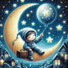 Diamond painting of a boy sitting on a crescent moon, holding a balloon filled with stars, wishing upon a star