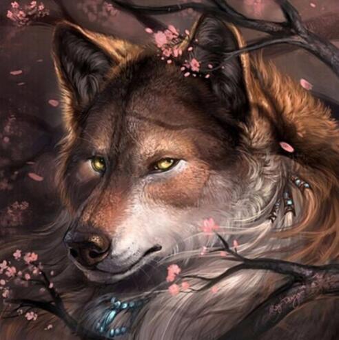 Diamond painting of a wolf surrounded by beautiful cherry blossoms in full bloom