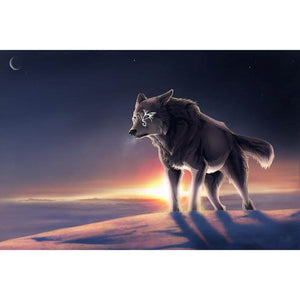 Diamond painting of a lone wolf walking through a snowy field.