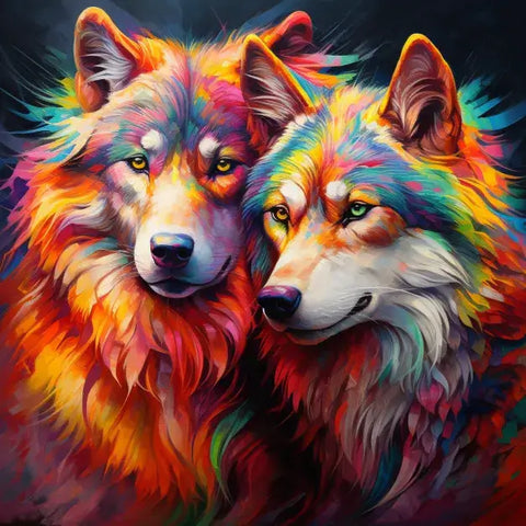 Image of Diamond painting of a pair of colorful wolves show affection by nuzzling each other.