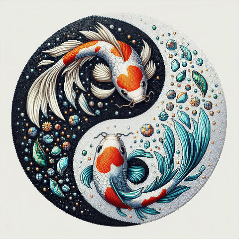 Image of Diamond painting of a yin yang symbol formed by two koi fish, one black and one white, representing balance and harmony.