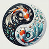 Diamond painting of a yin yang symbol formed by two koi fish, one black and one white, representing balance and harmony.