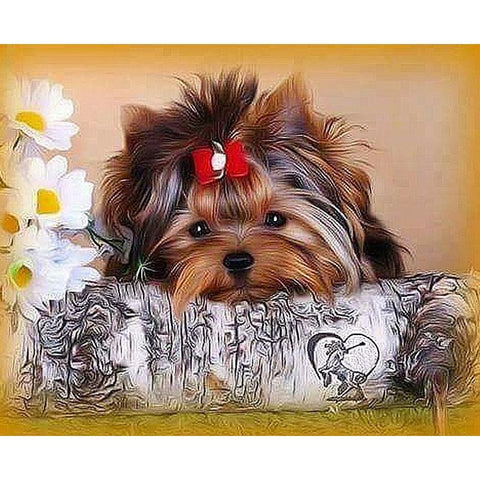 Image of diamond painting of a Yorkshire Terrier puppy with daisies