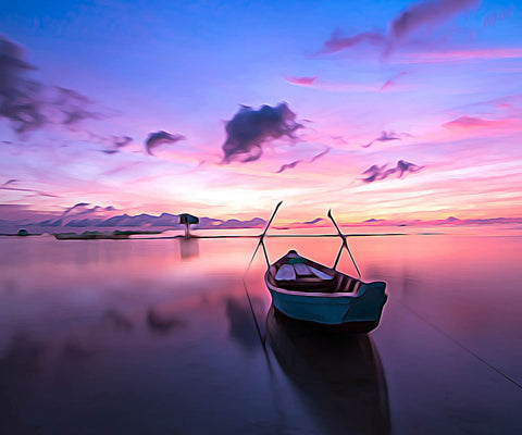 Image of Diamond painting of a peaceful sunset with a small boat on the water