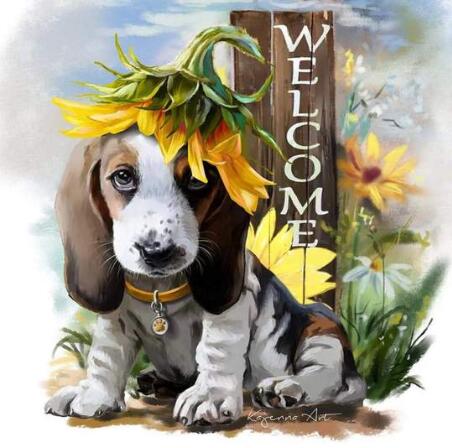 Image of Cute Dog with Sunflower Welcome Sign Diamond Art