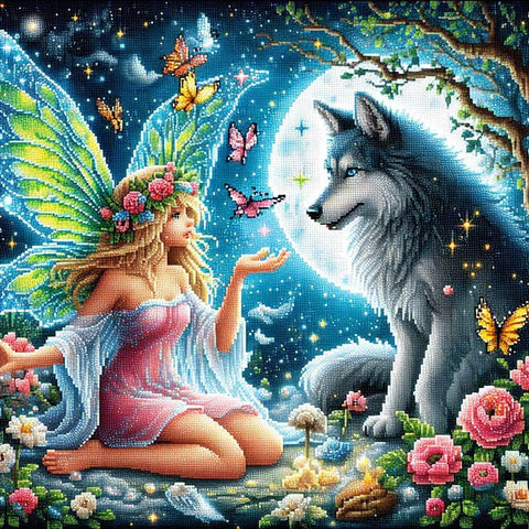 Image of Enchanting fairy meeting a wolf under the moonlight diamond art.