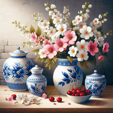 Image of Blue and white porcelain vase with pink and white flowers, diamond painting.