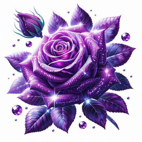 Image of Diamond painting of a shimmering purple rose with a rosebud and leaves.