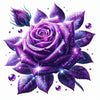 Diamond painting of a shimmering purple rose with a rosebud and leaves.