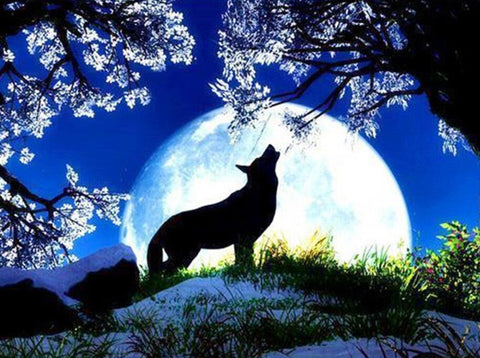 Image of DIY diamond art depicting a majestic wolf howling under the moonlight in a forest.