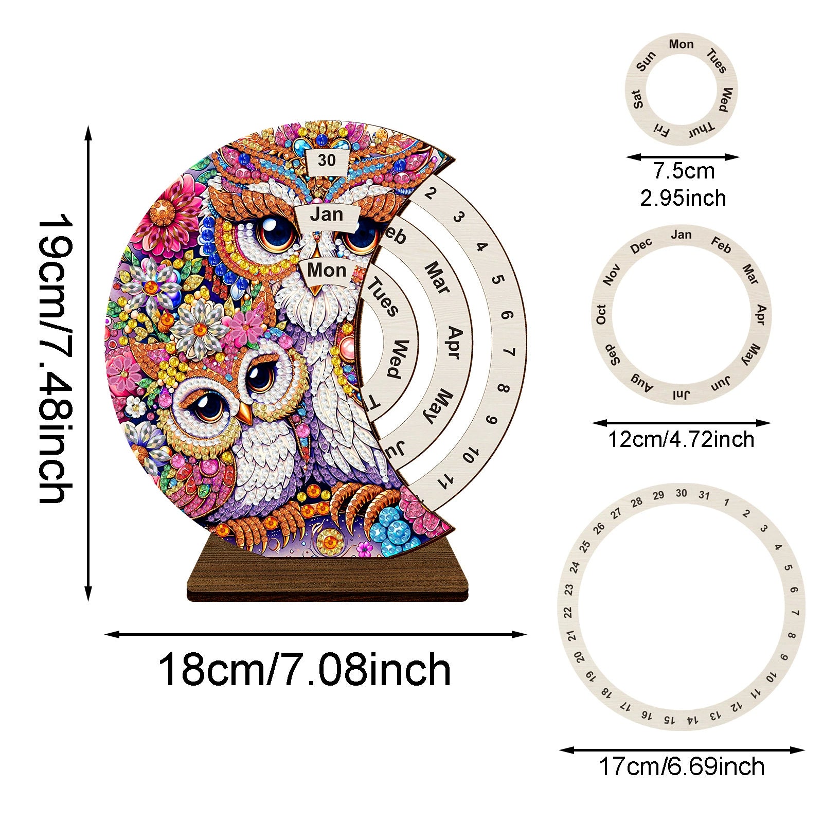 Rotating diamond painting calendar with owl design