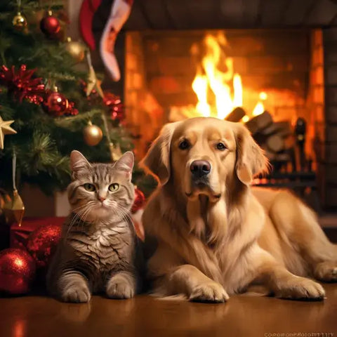 Image of Diamond painting of a dog and cat lying next to a decorated Christmas tree.