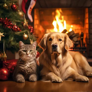 Diamond painting of a dog and cat lying next to a decorated Christmas tree.