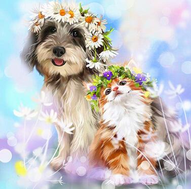 Image of Diamond painting of a cute dog and cat wearing daisy flower crowns