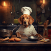 Diamond painting of a cute dog wearing a chef's hat, cooking in a kitchen