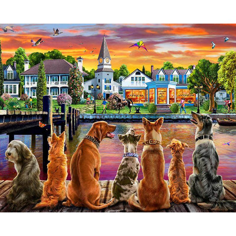 Image of Diamond painting of a group of dogs sitting on a dock, watching the sunset over a seaside town