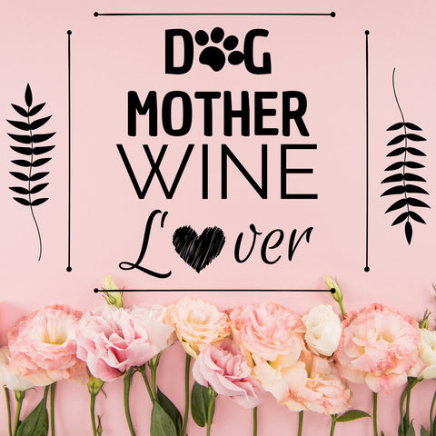 Image of Diamond painting of a quote: "Dog Mom Wine Lover" with pink flowers