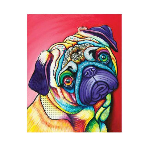 Image of Diamond painting of a dog in pop art style with bold colors and patterns.