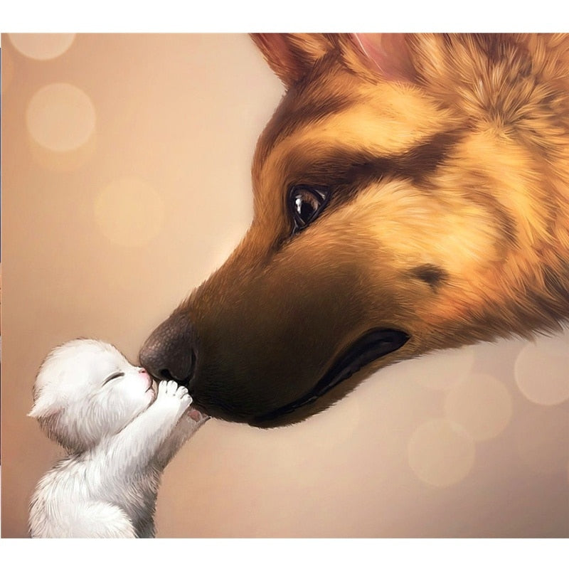 Diamond painting of a German Shepherd dog gently touching noses with a tiny white puppy