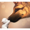 Diamond painting of a German Shepherd dog gently touching noses with a tiny white puppy