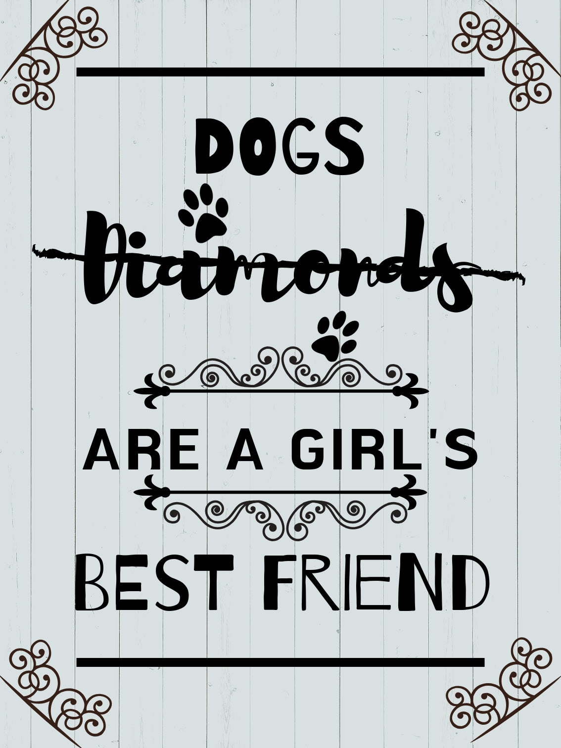 Diamond painting of a quote: "Dogs are a girl's best friend" with paw prints and decorative borders