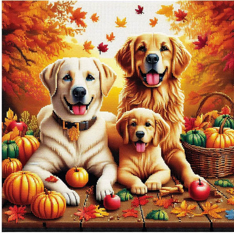 Image of Diamond painting featuring dog family, a Golden Retriever and a Labrador Retriever, sitting next to pumpkins and apples.