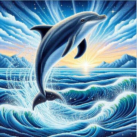 Image of Diamond painting of a playful dolphin leaping out of crashing ocean waves.