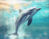 Diamond painting of a dolphin leaping out of crashing ocean waves.