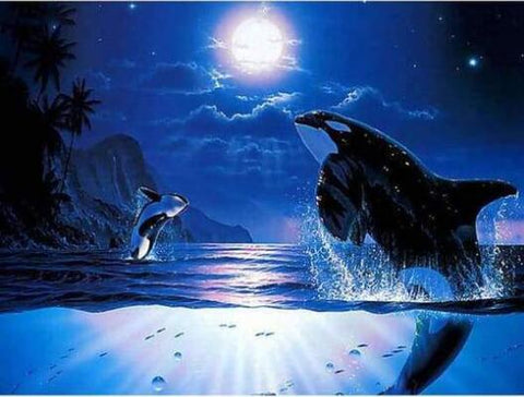 Image of Diamond painting of dolphins swimming gracefully under the moonlight.