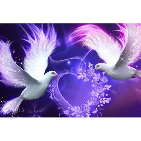 Image of Diamond painting of two white doves with glowing wings, flying towards a heart-shaped frame with purple roses