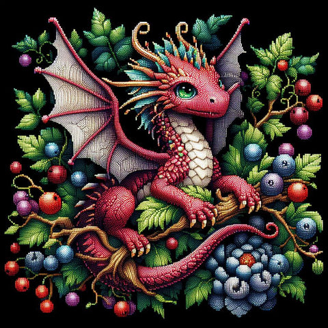 Image of Diamond painting of a cute red dragon surrounded by berries and leaves.