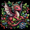 Diamond painting of a cute red dragon surrounded by berries and leaves.