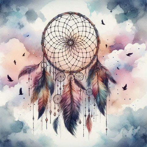 Image of Diamond painting of a vibrant dreamcatcher with feathers and beads.