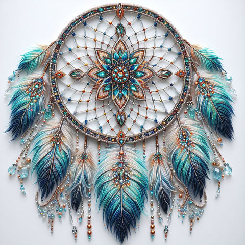 Image of Diamond painting of a dreamcatcher with colorful feathers and beads, handcrafted in a web design to symbolize positive dreams.