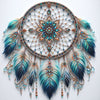 Diamond painting of a dreamcatcher with colorful feathers and beads, handcrafted in a web design to symbolize positive dreams.