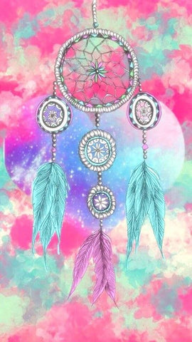 Image of Diamond painting kit featuring a dreamcatcher with soft pastel feathers and colorful beads hanging from a delicate hoop.