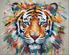 Diamond painting of a majestic Bengal tiger in a powerful pose, showcasing its vibrant stripes.