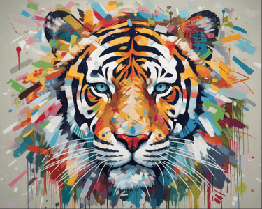 Diamond painting of a majestic Bengal tiger in a powerful pose, showcasing its vibrant stripes.