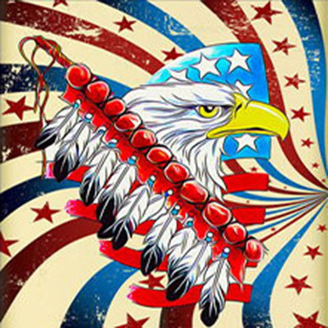 Image of Diamond painting of an eagle with a military-themed background, featuring a flag and stars