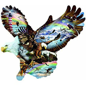 Diamond painting of an eagle with a collage of different eagle scenes and landscapes