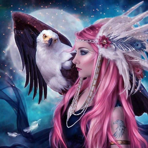 Image of Diamond painting of an eagle perched on a girl's shoulder, with a full moon in the background