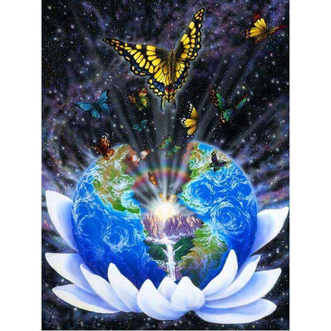 Image of Diamond painting of Earth as a planet surrounded by a lotus flower, with colorful butterflies flying around it in a cosmic setting