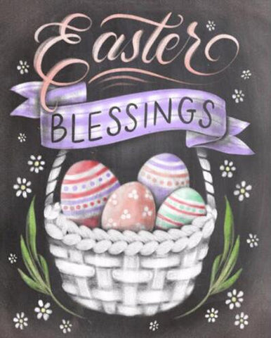 Image of Diamond painting of a basket filled with colorful Easter eggs, with the words "Easter Blessings" written in a banner above