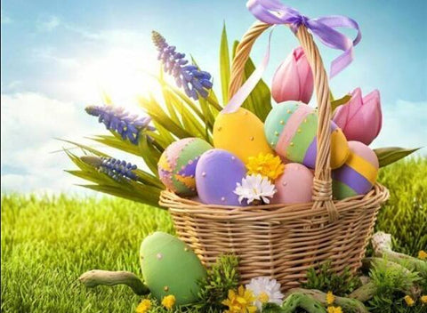 Image of Diamond painting of a basket filled with colorful Easter eggs and flowers