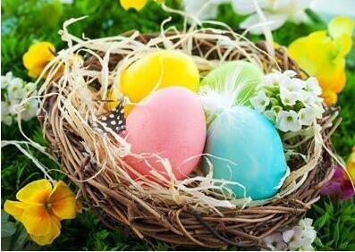 Image of Diamond painting of colorful Easter eggs in a nest surrounded by flowers