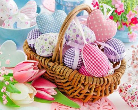 Image of Diamond painting of a basket filled with colorful fabric Easter eggs and tulips